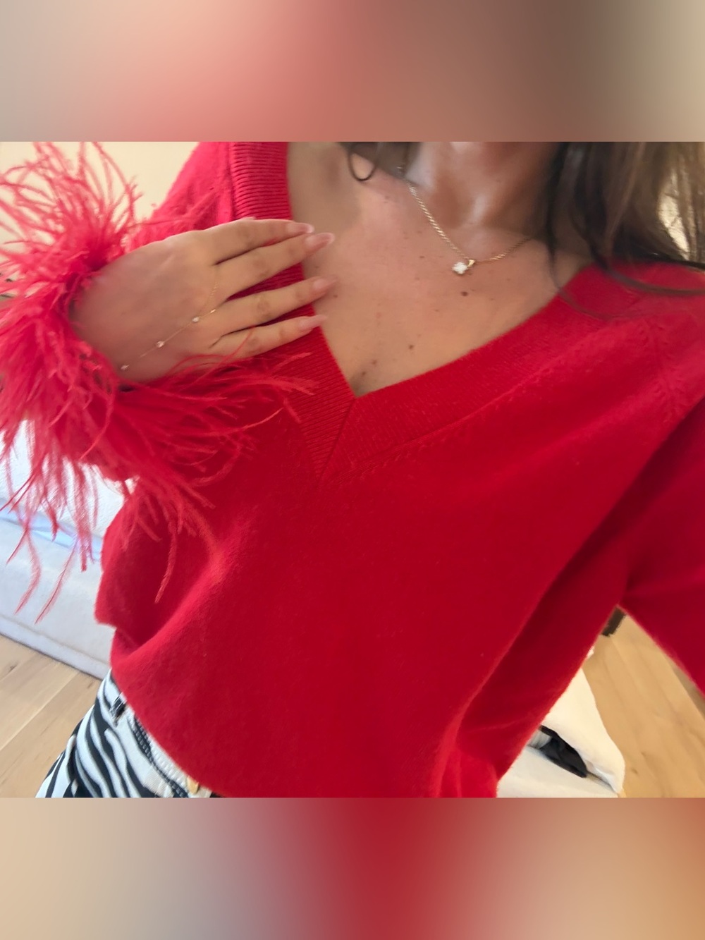 Milly Red Feather-Cuff V-Neck Sweater